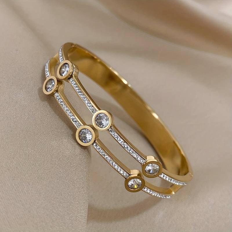 14K Gold Plated Luxury Sparkling Rhinestone Stainless Steel Bracelet  - Waterproof