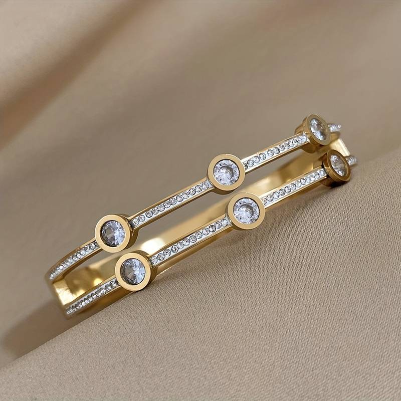 14K Gold Plated Luxury Sparkling Rhinestone Stainless Steel Bracelet  - Waterproof